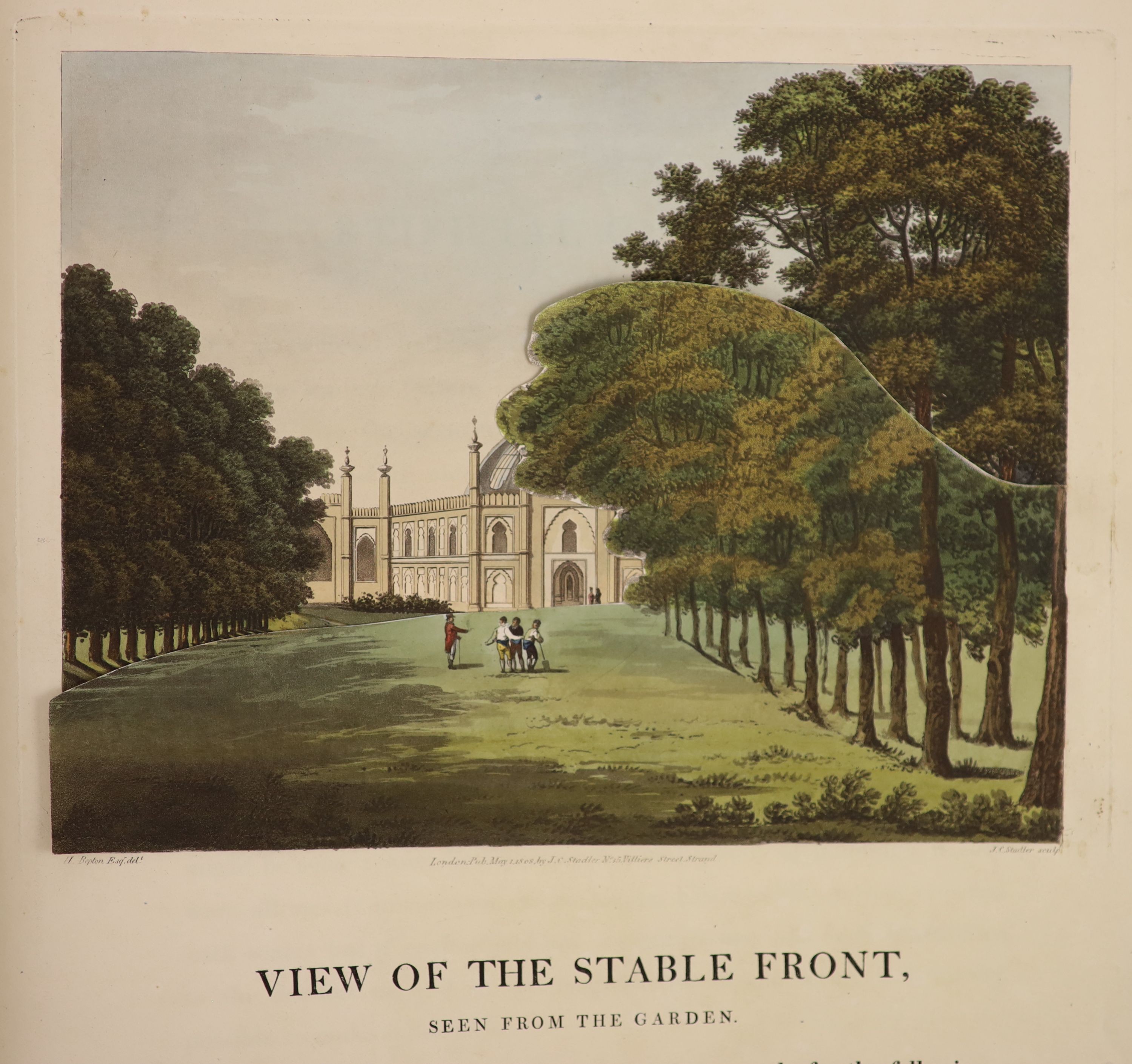 Repton, Humphry; John Aden & G.S - Design for the Pavillon [sic] at Brighton, 2nd issue, folio, rebound half blue morocco, with 20 plates and illustrations, including an engraved hand-coloured general ground plan; compri